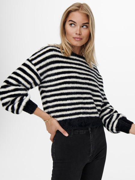 Only Short Striped Knit Pullover in Black
