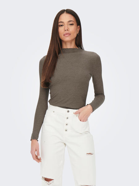 Only Long Sleeve High Neck Ribbed Top in Brown