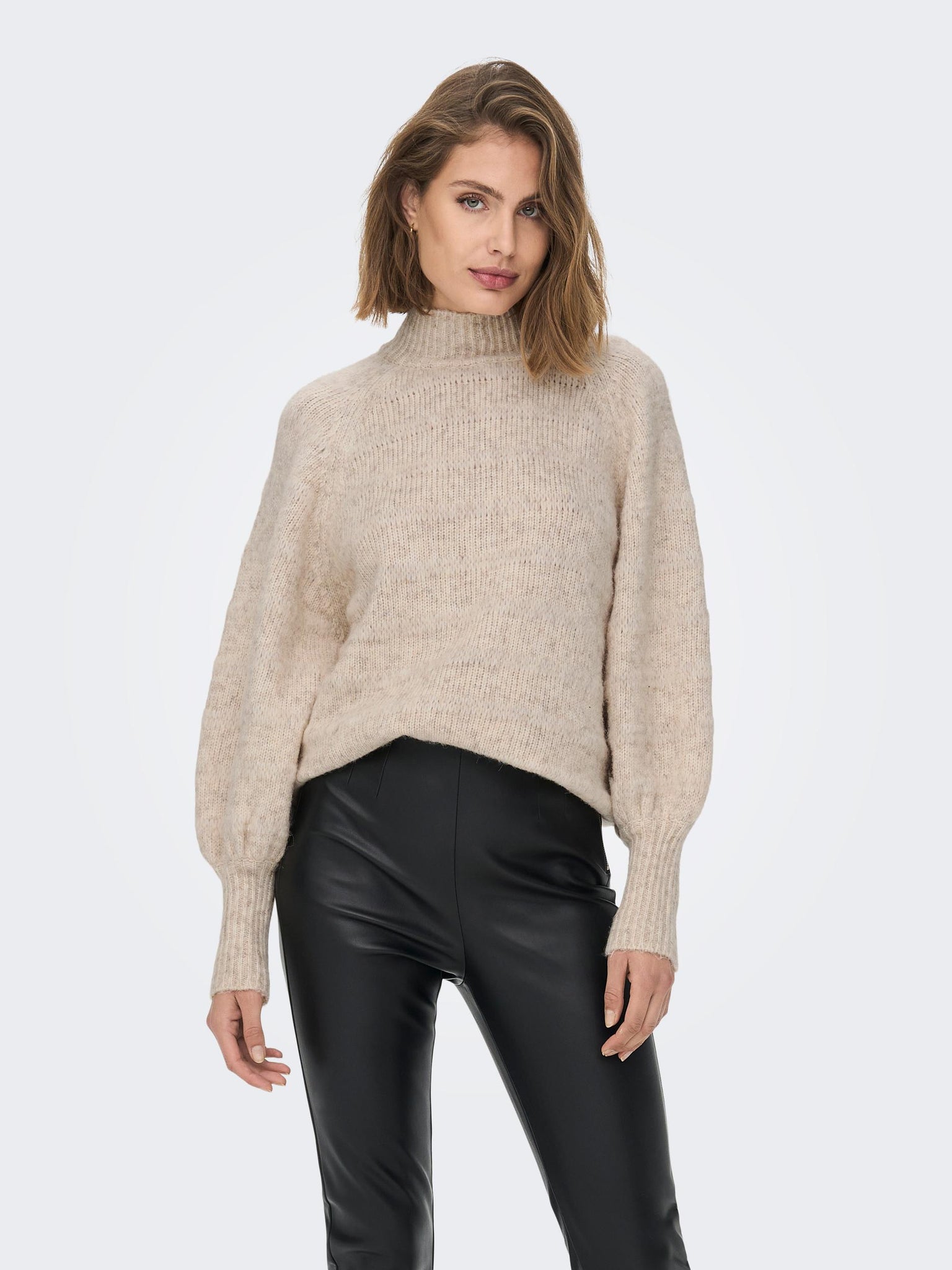 Only High Neck Balloon Sleeve Pullover in Beige