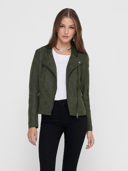 Only Faux Leather Biker Jacket in Green