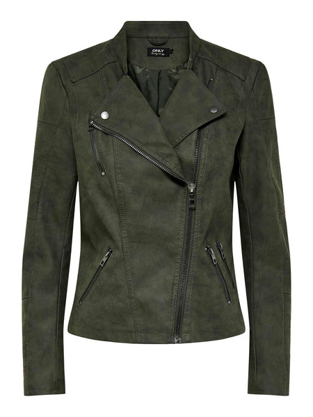 Only Faux Leather Biker Jacket in Green