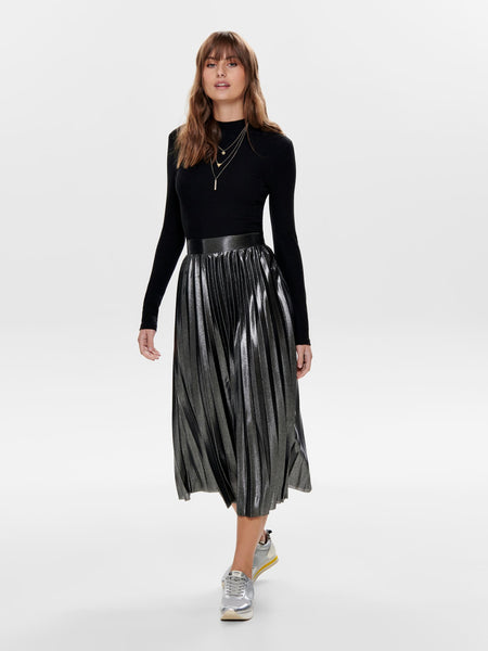Only Metallic Pleated Midi Skirt in Black