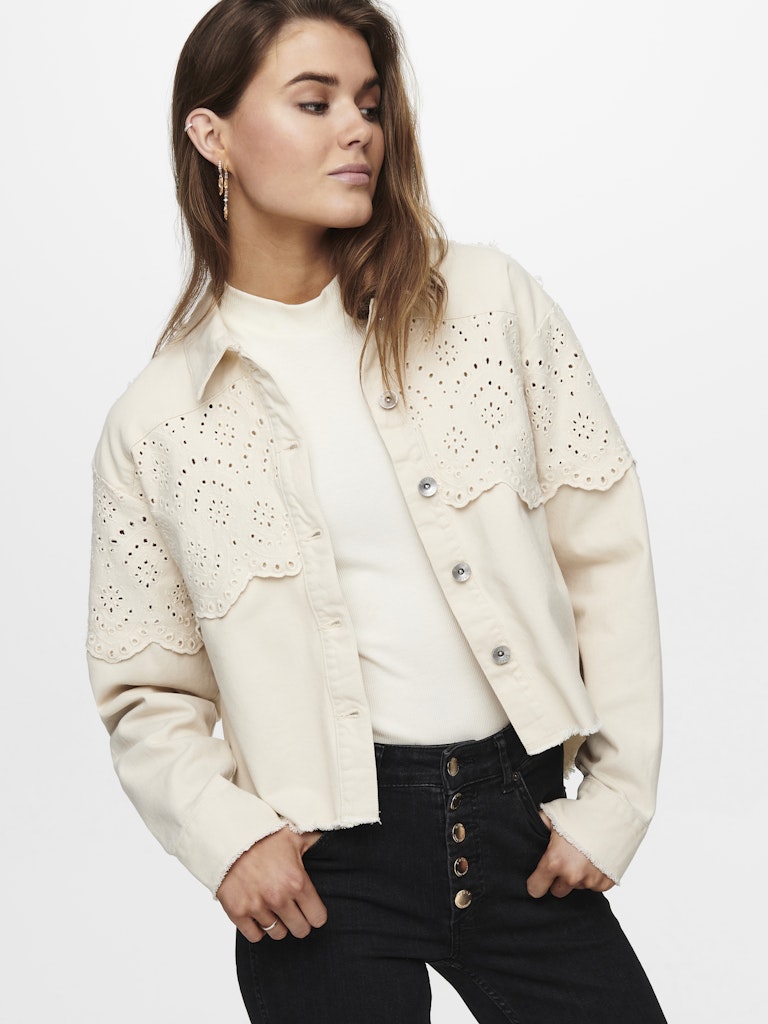 Only Embroidered Detail Denim Jacket in Cream