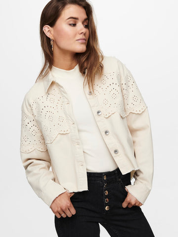 Only Embroidered Detail Denim Jacket in Cream