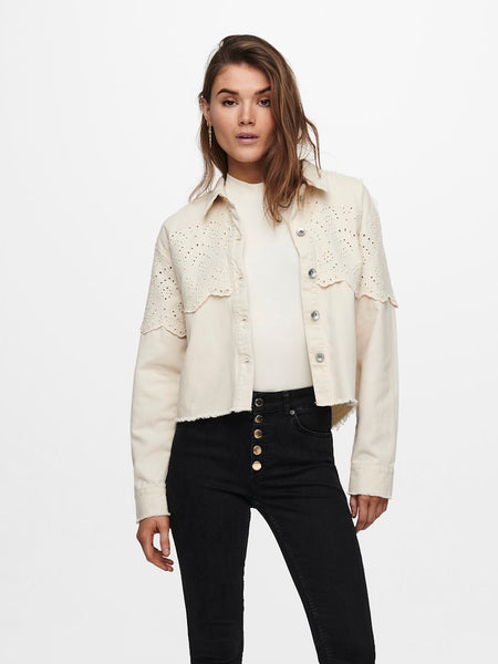 Only Embroidered Detail Denim Jacket in Cream