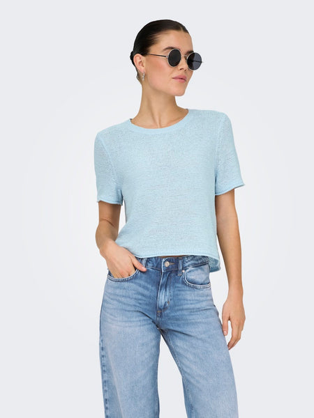 ONLY Short Sleeve Knitted Top in Light Blue