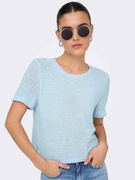 ONLY Short Sleeve Knitted Top in Light Blue