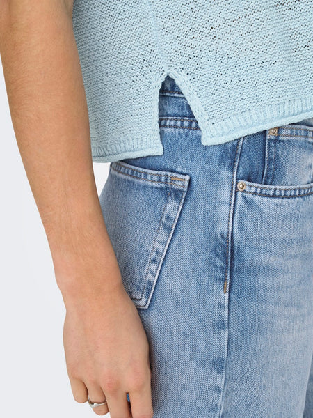 ONLY Short Sleeve Knitted Top in Light Blue