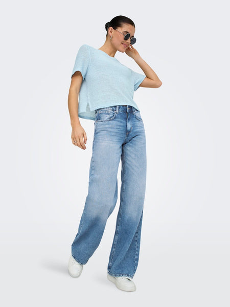 ONLY Short Sleeve Knitted Top in Light Blue