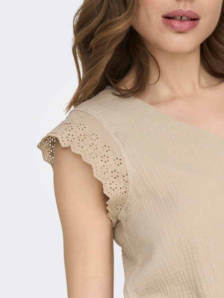 Only Sleeveless Cotton Embroider Detail Top in Beige