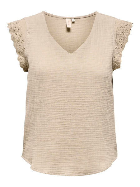 Only Sleeveless Cotton Embroider Detail Top in Beige