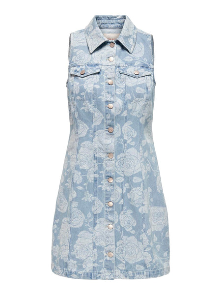 Only Floral Denim Sleeveless Shirt Dress in Light Blue