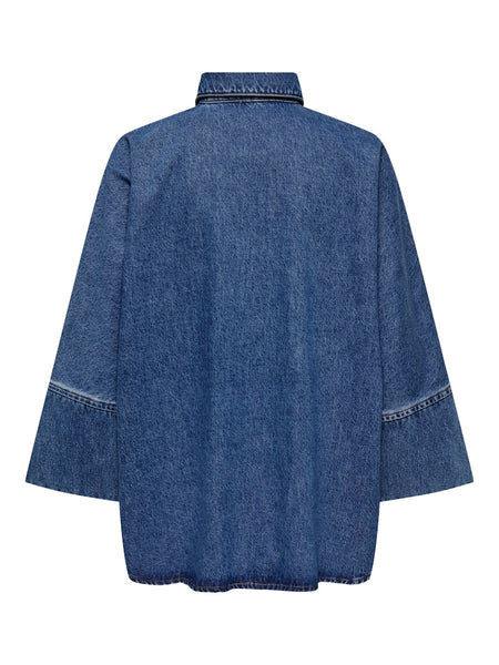ONLY 3/4 Sleeve Oversized Denim Shirt in Medium Blue