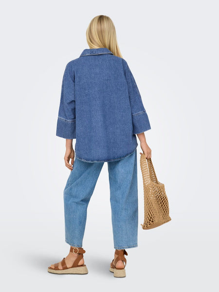 ONLY 3/4 Sleeve Oversized Denim Shirt in Medium Blue