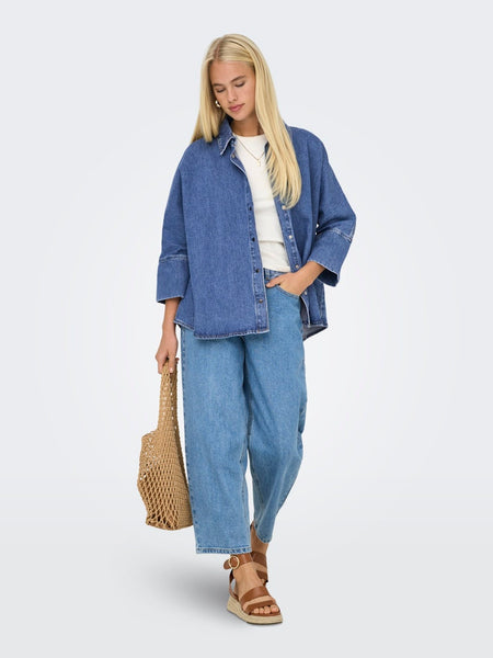 ONLY 3/4 Sleeve Oversized Denim Shirt in Medium Blue
