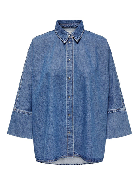 ONLY 3/4 Sleeve Oversized Denim Shirt in Medium Blue