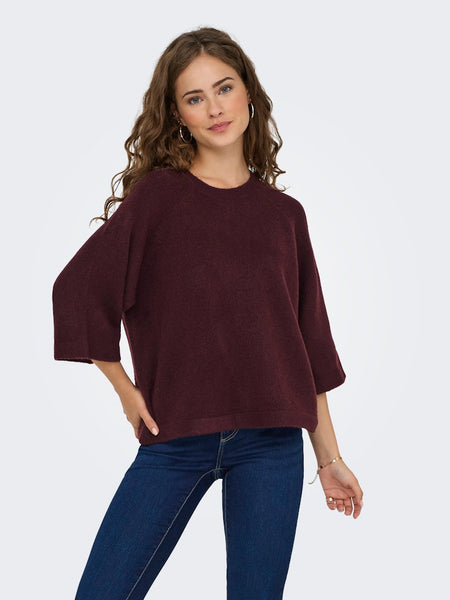 ONLY 3/4 Sleeve Knit Jumper in Burgundy