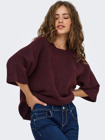 ONLY 3/4 Sleeve Knit Jumper in Burgundy