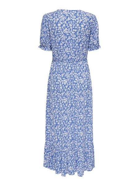 Only Long Floral Short Sleeve Dress in Blue