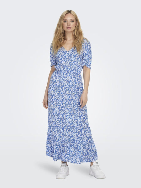 Only Long Floral Short Sleeve Dress in Blue