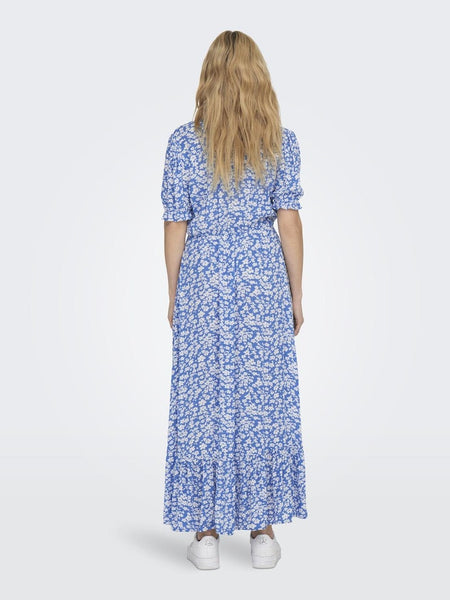 Only Long Floral Short Sleeve Dress in Blue