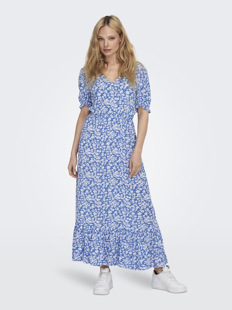 Only Long Floral Short Sleeve Dress in Blue