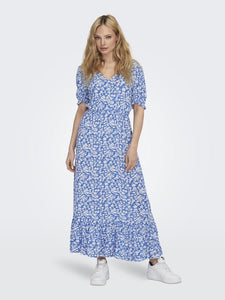 Only Long Floral Short Sleeve Dress in Blue