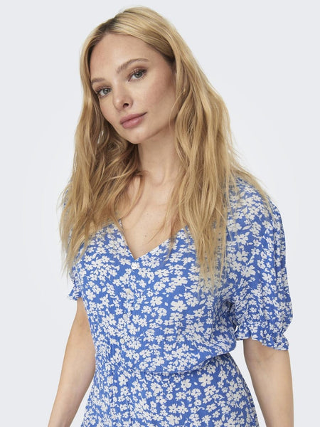Only Long Floral Short Sleeve Dress in Blue