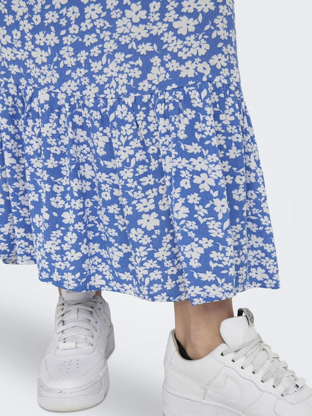 Only Long Floral Short Sleeve Dress in Blue