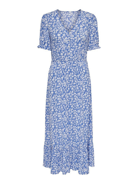 Only Long Floral Short Sleeve Dress in Blue