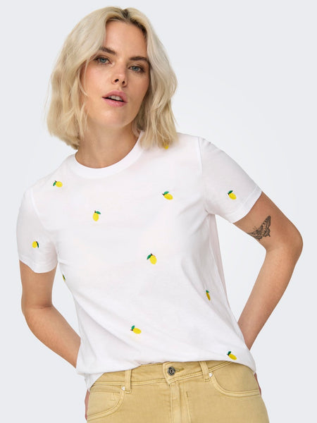 ONLY Embroidered Lemon T-Shirt in White