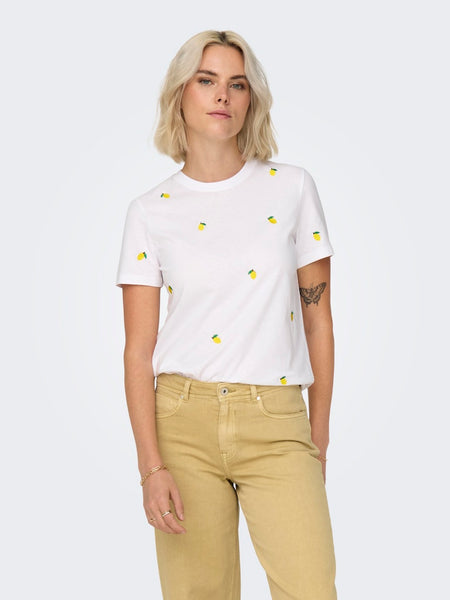 ONLY Embroidered Lemon T-Shirt in White