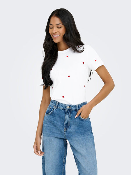 ONLY Embroidered Heart T-Shirt in White