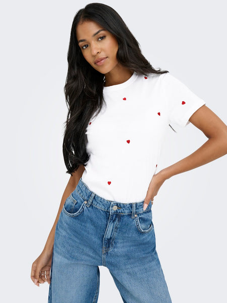 ONLY Embroidered Heart T-Shirt in White
