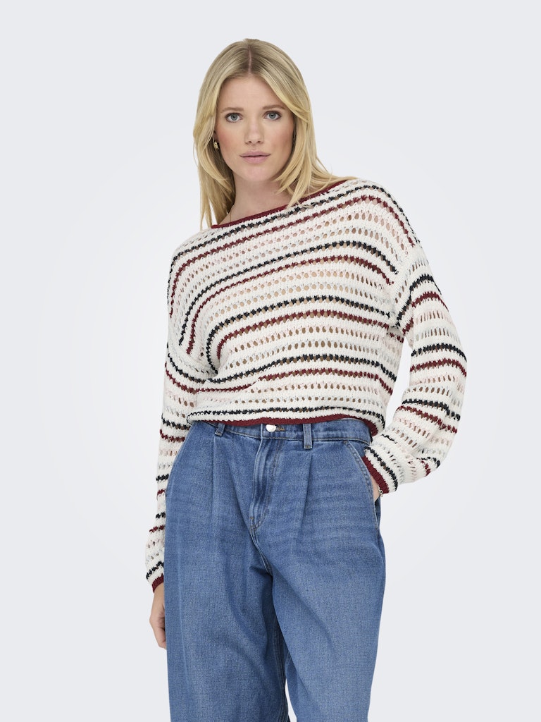 ONLY Striped Boat Neck Knitted Top in Maroon
