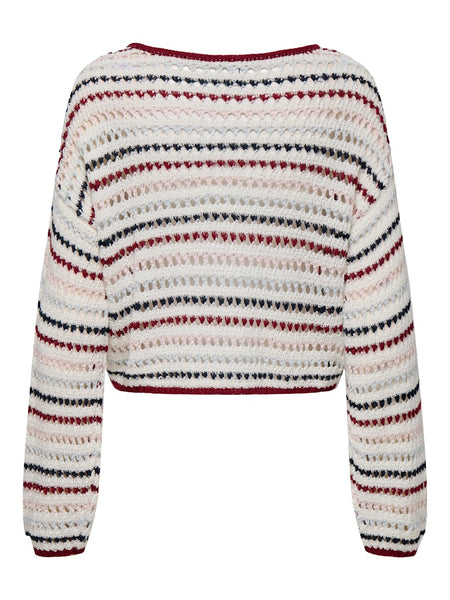 ONLY Striped Boat Neck Knitted Top in Maroon