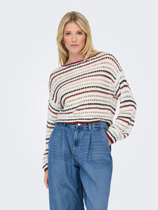 ONLY Striped Boat Neck Knitted Top in Maroon