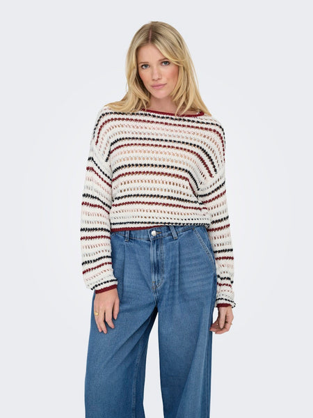 ONLY Striped Boat Neck Knitted Top in Maroon