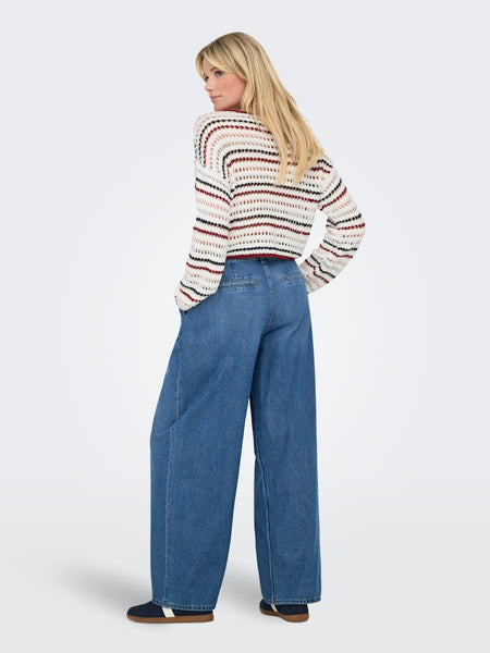 ONLY Striped Boat Neck Knitted Top in Maroon