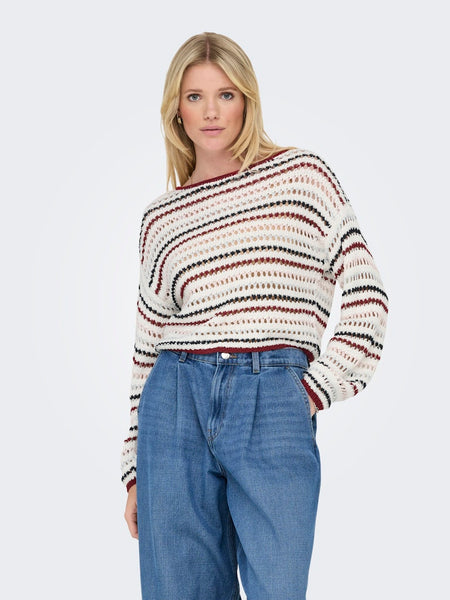 ONLY Striped Boat Neck Knitted Top in Maroon