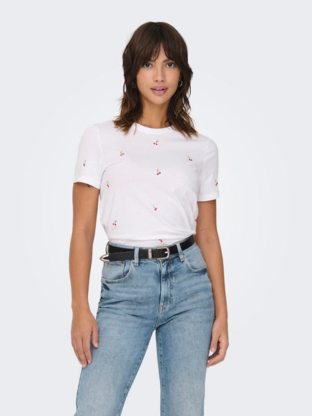 ONLY Embroidered Cherry T-Shirt in White