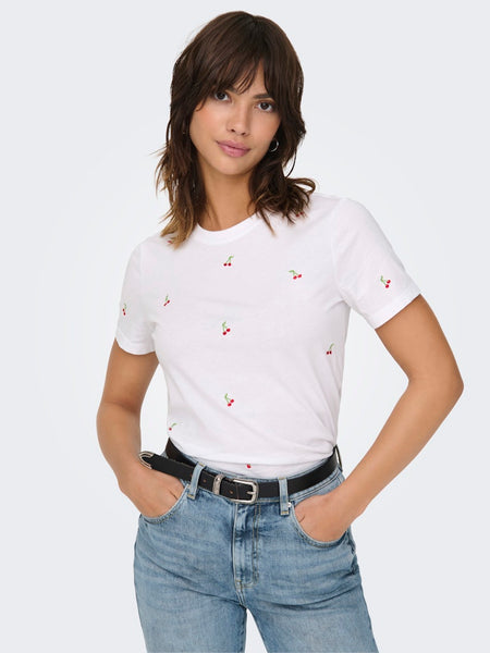 ONLY Embroidered Cherry T-Shirt in White