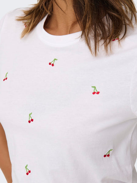ONLY Embroidered Cherry T-Shirt in White