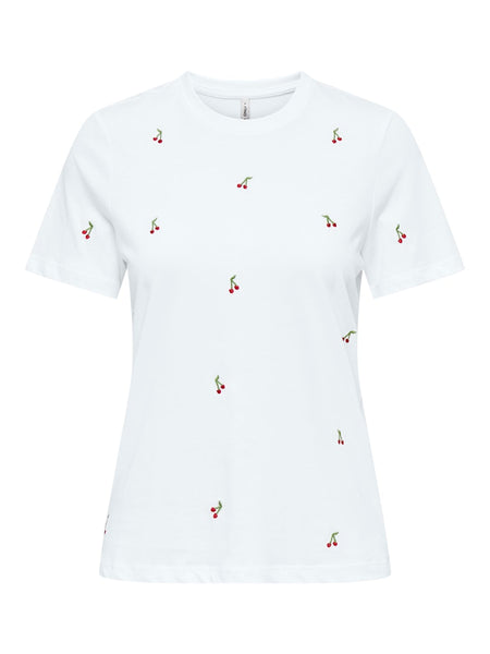 ONLY Embroidered Cherry T-Shirt in White
