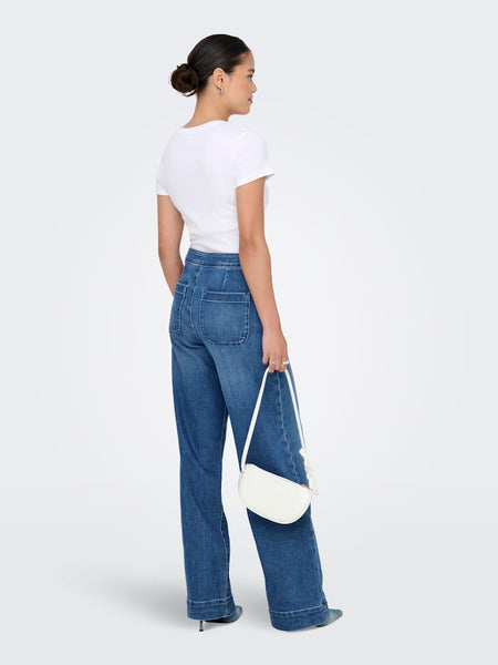 ONLY Wide Leg Button Detail Jeans in Medium Blue