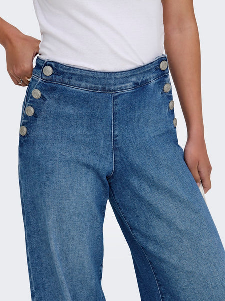 ONLY Wide Leg Button Detail Jeans in Medium Blue