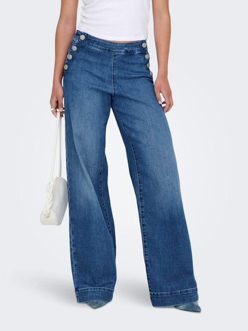 ONLY Wide Leg Button Detail Jeans in Medium Blue