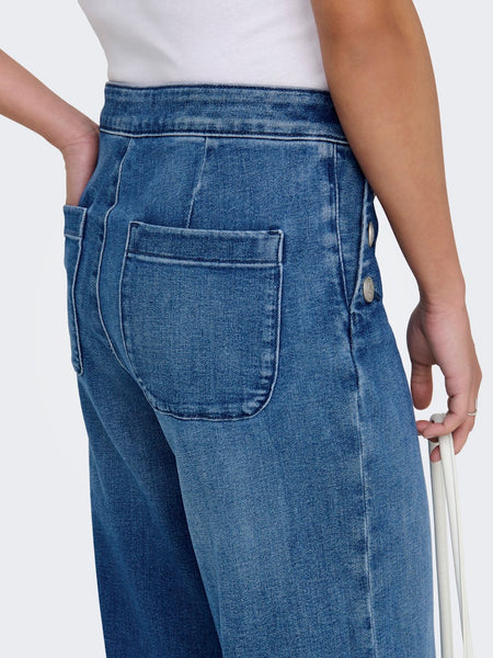 ONLY Wide Leg Button Detail Jeans in Medium Blue