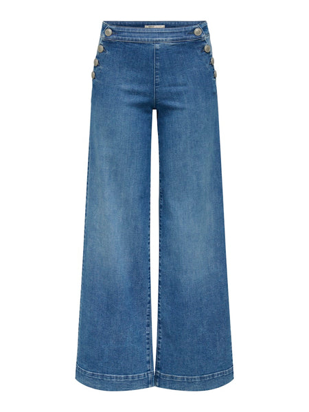 ONLY Wide Leg Button Detail Jeans in Medium Blue