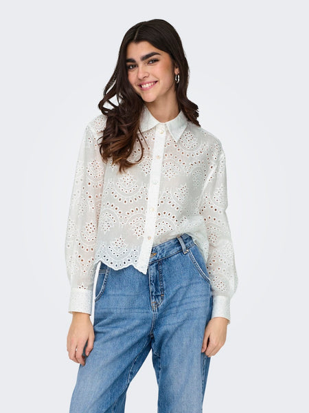 ONLY Broderie Anglaise Short Scallop Hem Shirt in White